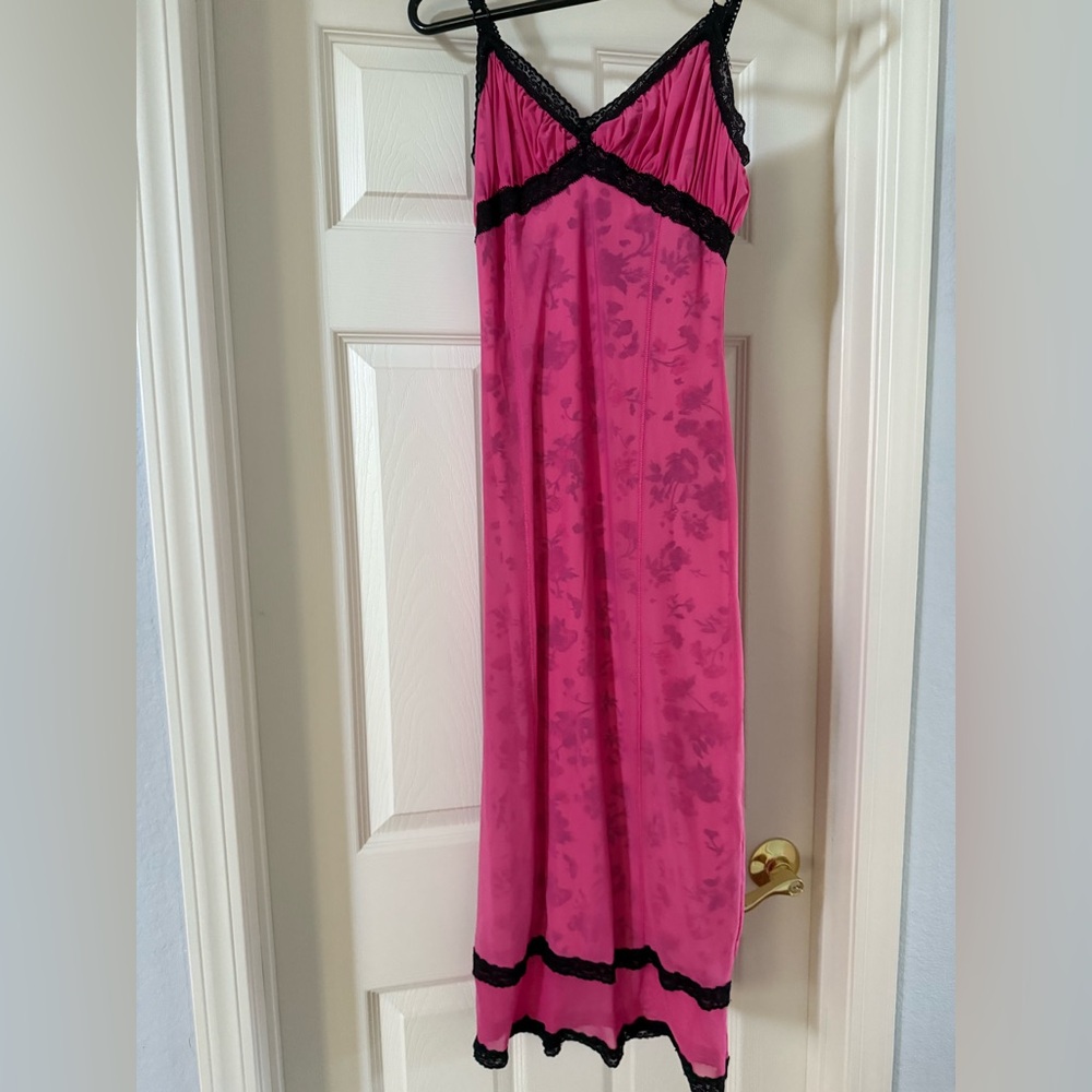 Urban Outfitters Pink Floral Midi Dress with Black Trim